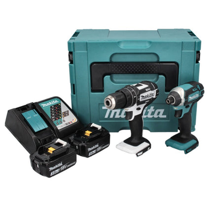 Makita DLX 2131 J kit combinado de batería 18 V con DHP 482 blanco 62 Nm + DTD 152 165 Nm + 2x batería 3,0 Ah + cargador + Makpac