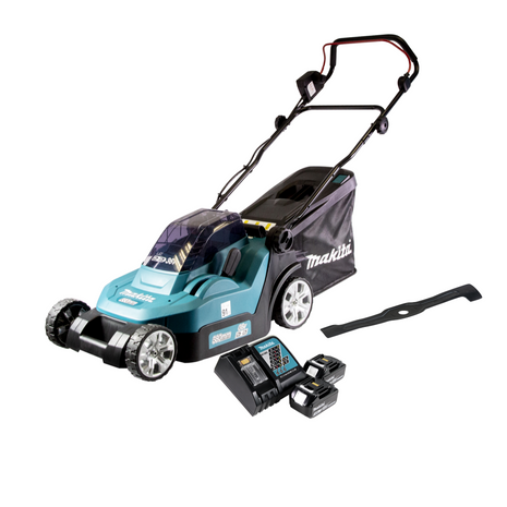 Cortacésped a batería Makita DLM 432 RF2 36 V (2x 18 V) 43 cm sin escobillas + 2x batería 3,0 Ah + cargador + 1x hoz