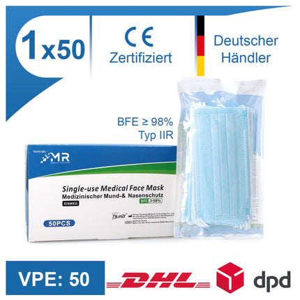MR Solutions 50x Medizinischer Mund Atem Nasen Schutz Filtration BFE 98 % EN 14683:2019+AC:2019 Typ IIR OP Maske 3 lagig - Toolbrothers