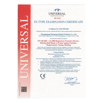 Mascarilla Shengang 200x FFP2 Certificación CE compatible con farmacia protección bucal, respiratoria y nasal 5 capas ISO9001:2015 / EN149 2001 A1:2009