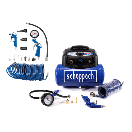 Compresor Scheppach HC06 1200 W 6 litros 8 bar (5906132901) + set de accesorios 13 piezas (7906100735)