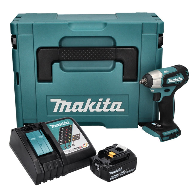 Atornillador de impacto a batería Makita DTW 180 RT1J 18 V 180 Nm 3/8" sin escobillas + 1 batería de 5,0 Ah + cargador + Makpac