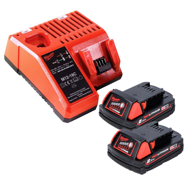 Milwaukee M18 B2 Batteries 18 V - 2x pièces 2,0 Ah (2x 4932430062) + Chargeur M12-18C 12-18 V (4932352959)