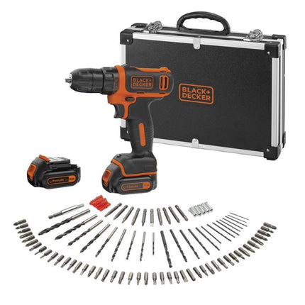 Black & Decker BDCDD12BAFC-QW Trapano avvitatore a batteria 10,8V 26Nm + 2x Batterie 1,5 Ah + Caricabatterie + Set accessori 100 pz. + Valigetta