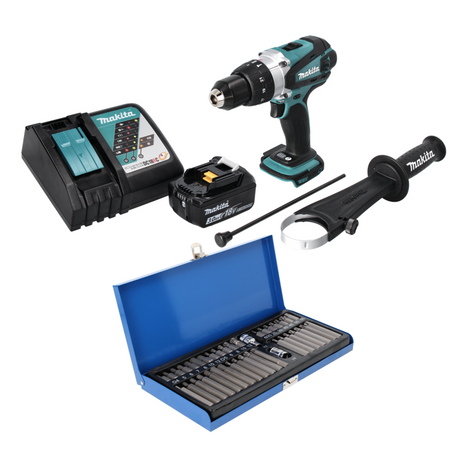 Taladro percutor inalámbrico Makita DHP 458 RF1 18 V 91 Nm + 1x batería 3,0 Ah + cargador + juego de puntas 40 piezas