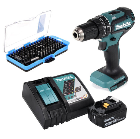 Makita DHP 485 RF1 Akku Schlagbohrschrauber 18 V 50 Nm Brushless + 1x Akku 3,0 Ah + Ladegerät + 100 tlg. Bit Set