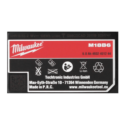 Batería Milwaukee M18 B6 18 V 6,0 Ah / 6000 mAh (4932451244)