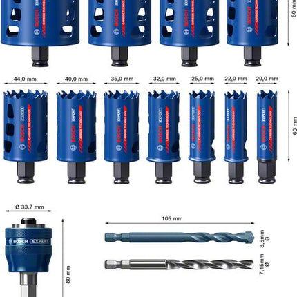 Bosch EXPERT Tough Material Set di Seghe a tazza  20 - 76 mm / 14 pz. ( 2608900447 ) Carburo Universal - Successore del 2608594185
