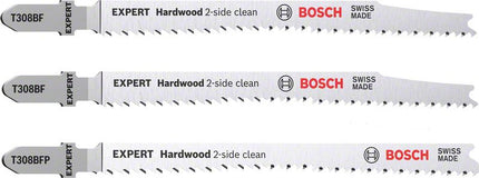 Bosch EXPERT Hardwood 2 side clean T 308 BF / BFP juego de hojas de sierra de calar 117 mm 3 piezas (2608900549) bimetálica