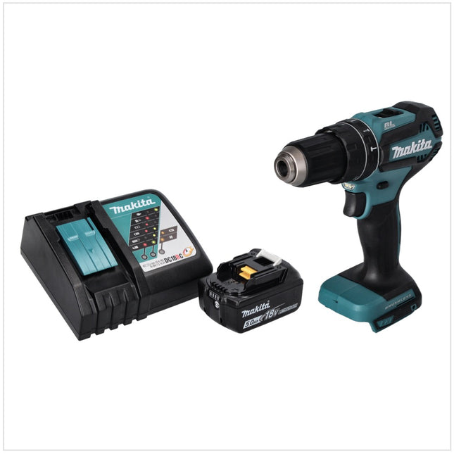 Taladro de percusión sin cable Makita DHP 485 RT1 18 V 50 Nm sin escobillas + 1x batería recargable 5,0 Ah + cargador