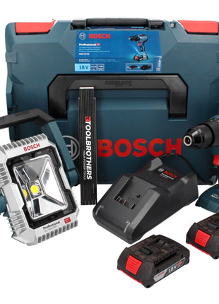 Bosch GSB 18V-55 Professional Akku Schlagbohrschrauber 18 V 55 Nm Brushless + 2x Akku 2,0 Ah + Ladegerät + L-Boxx + GLI 18 V-1900 Akku Baustellen Lampe + Toolbrothers Gliedermaßstab