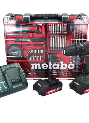 Metabo SB 18 set taladro percutor inalámbrico 18 voltios 48 Nm (602245880) + 2x baterías 2,0 Ah + cargador + juego de brocas de 88 piezas + maletín