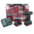 Metabo SB 18 Trapano avvitatore con percussione a batteria 18V 48 Nm ( 602245880 ) + 2x Batterie 2,0 Ah + Caricabatterie + Se di 88 punte per foratura + Valigetta