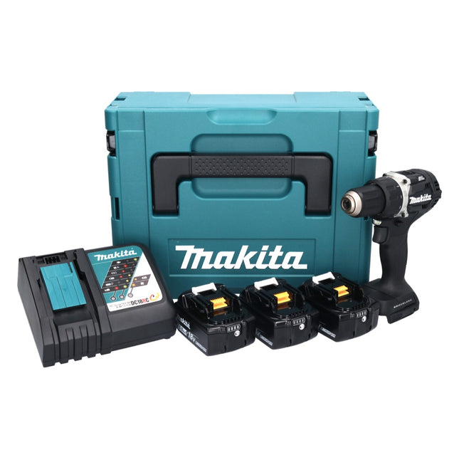 Makita DDF 484 TB3J taladro atornillador inalámbrico negro 18 V 54 Nm sin escobillas + 3x baterías 5,0 Ah + cargador + Makpac