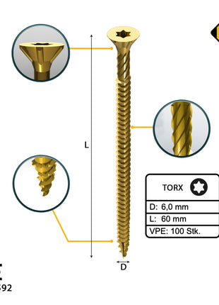 FORTE Tools Universal Holzschraube 6,0 x 60 mm T30 100 Stk. ( 000051399494 ) gelb verzinkt Torx Senkkopf Vollgewinde - Toolbrothers