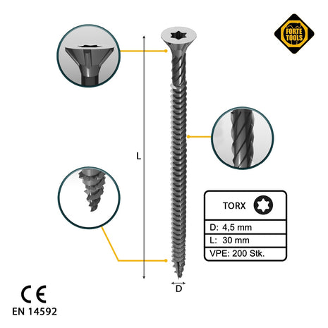 FORTE Tools Universal Holzschraube 4,5 x 30 mm T20 200 Stk. ( 000040113872 ) silber verzinkt Torx Senkkopf Vollgewinde - Toolbrothers