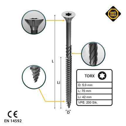 FORTE Tools Tornillo universal para madera 5,0 x 70 mm T25 200 piezas (000040113883) galvanizado en plata Torx cabeza avellanada rosca parcial