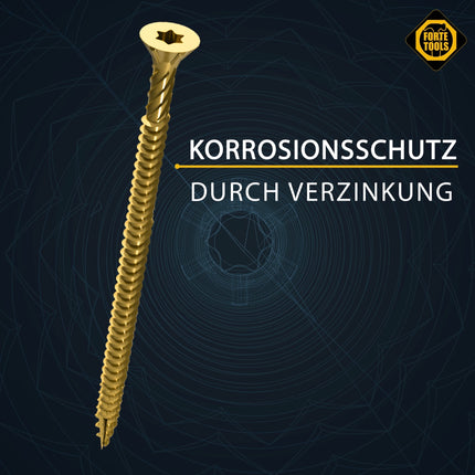 FORTE Tools tornillo universal para madera 3,5 x 16 mm T15 2000 piezas (4x 000051399465) cabeza avellanada Torx galvanizada amarilla rosca completa