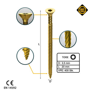 FORTE Tools Universal Holzschraube 3,5 x 20 mm T15 400 Stk. ( 2x 000051399466 ) gelb verzinkt Torx Senkkopf Vollgewinde