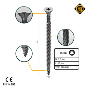 FORTE Tools Universal Holzschraube 3,0 x 16 mm T10 1000 Stk. ( 2x 000040113856 ) silber verzinkt Torx Senkkopf Vollgewinde