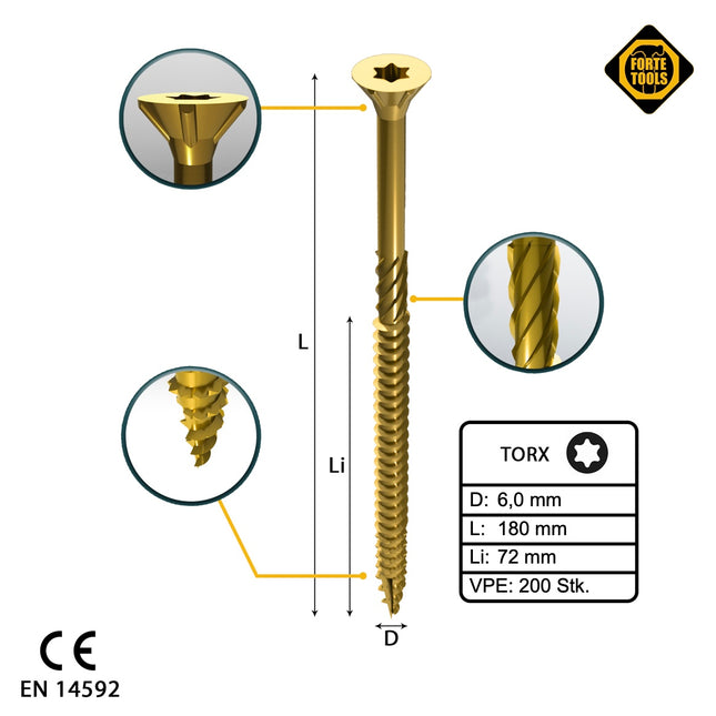 FORTE Tools Vis à bois universelle 6,0 x 180 mm T30, Galvanisée jaune, Tête fraisée Torx, Filetage partiel, 200 pcs. (4x 000051399500)