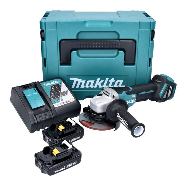 Makita DGA 515 RAJ Akku Winkelschleifer 18 V 125 mm Brushless + 2x Akku 2,0 Ah + Ladegerät + Makpac