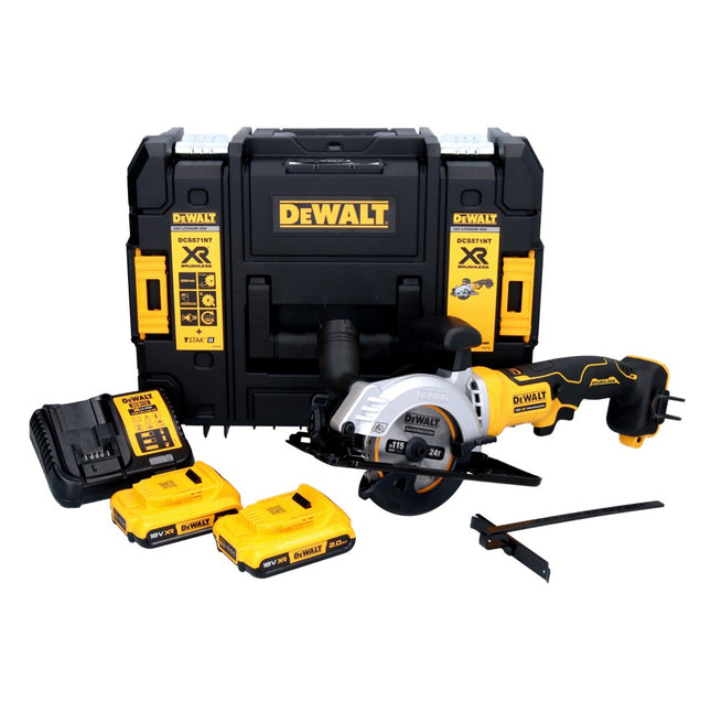 DeWalt DCS 571 D2 Scie circulaire portative sans fil 18 V 115 mm Brushless + 2x batterie 2,0 Ah + chargeur + TSTAK