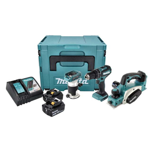 Makita DLX 3116 TJ cordless combo kit DHP 485 cordless impact drill + DKP 180 cordless planer + DRT 50 cordless multifunction router + 2x 5.0 Ah battery + charger + Makpac
