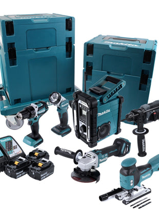 Makita DLX 6087 TJ1 EXTRA Akku Combo Kit DDF 484 Bohrschrauber + DGA 513 Winkelschleifer + DHR 202 Kombihammer + DJV 181 Pendelhubstichsäge + DMR 107 Baustellenradio + DML 802 Lampe + 3x Akku 5,0 Ah + Ladegerät + 4x Makpac + Transportwagen