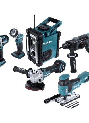 Makita DLX 6087 TJ1 EXTRA Akku Combo Kit DDF 484 Bohrschrauber + DGA 513 Winkelschleifer + DHR 202 Kombihammer + DJV 181 Pendelhubstichsäge + DMR 107 Baustellenradio + DML 802 Lampe + 3x Akku 5,0 Ah + Ladegerät + 4x Makpac + Transportwagen