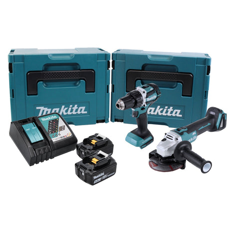 Kit combinado de batería Makita DLX 2190 TJ1 Taladro a batería DDF 484 + amoladora angular a batería DGA 504 + 2x batería 5.0 Ah + cargador + 2x Makpac