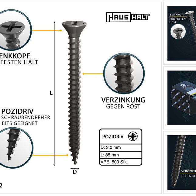 HausHalt Universal Holzbauschraube Holzschraube 3,0 x 35 mm PZ1 500 Stk. ( 000051371099 ) silber verzinkt Kreuzschlitz Pozidriv Senkkopf Vollgewinde - Toolbrothers