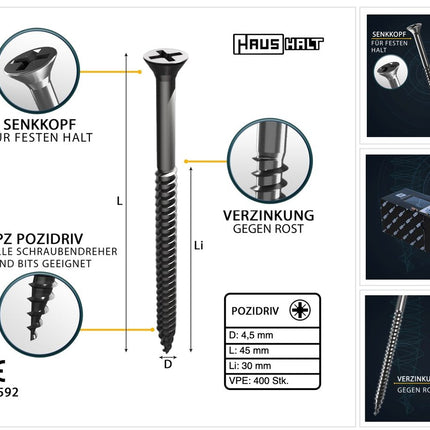 HausHalt Universal Holzbauschraube Holzschraube 4,5 x 45 mm PZ2 400 Stk. ( 000051371170 ) silber verzinkt Kreuzschlitz Pozidriv Senkkopf Teilgewinde - Toolbrothers