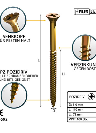 HausHalt Universal Holzbauschraube Holzschraube 5,0 x 110 mm PZ2 100 Stk. ( 000051371184 ) gelb verzinkt Kreuzschlitz Pozidriv Senkkopf Teilgewinde - Toolbrothers