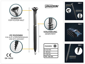 HausHalt Universal Holzbauschraube Holzschraube 5,0 x 45 mm PZ2 300 Stk. ( 000051371196 ) silber verzinkt Kreuzschlitz Pozidriv Senkkopf Teilgewinde