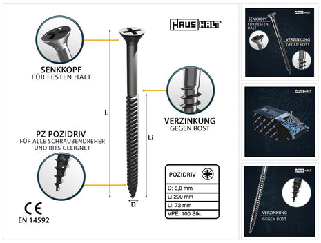 HausHalt Universal Holzbauschraube Holzschraube 6,0 x 200 mm PZ3 100 Stk. ( 000051371223 ) silber verzinkt Kreuzschlitz Pozidriv Senkkopf Teilgewinde - Toolbrothers