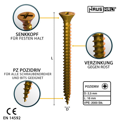HausHalt Vis à bois universelle 2,5 x 16 mm PZ1 - 2000 pièces (2x 000051371121)