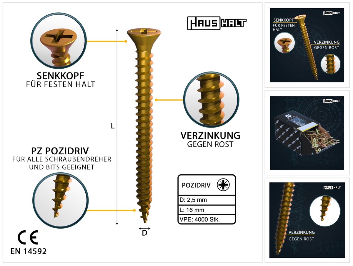 HausHalt Vis à bois universelle 2,5 x 16 mm PZ1-  4000 pièces (4x 000051371121)