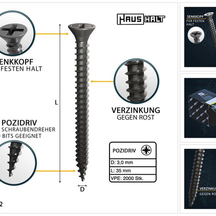 HausHalt Vis à bois universelle 3,0 x 35 mm PZ1 - 2000 pièces (4x 000051371099)