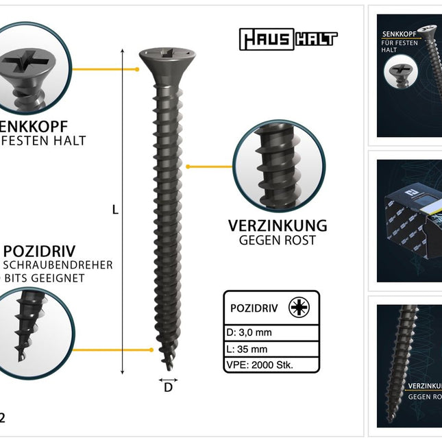HausHalt Universal Holzbauschraube Holzschraube 3,0 x 35 mm PZ1 2000 Stk. ( 4x 000051371099 ) silber verzinkt Kreuzschlitz Pozidriv Senkkopf Vollgewinde