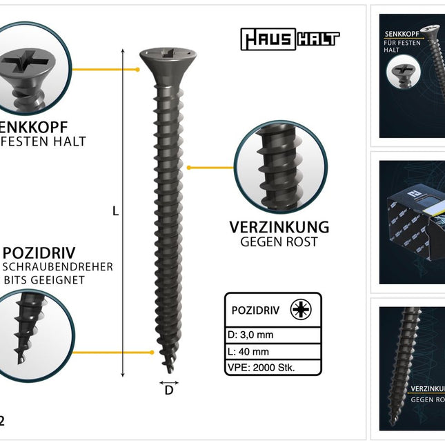 HausHalt Universal Holzbauschraube Holzschraube 3,0 x 40 mm PZ1 2000 Stk. ( 4x 000051371100 ) silber verzinkt Kreuzschlitz Pozidriv Senkkopf Vollgewinde - Toolbrothers