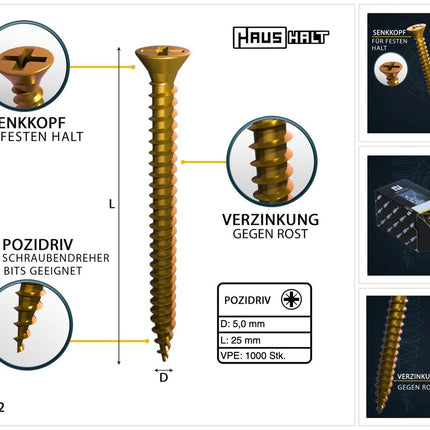 HausHalt Universal Holzbauschraube Holzschraube 5,0 x 25 mm PZ2 1000 Stk. ( 2x 000051371188 ) gelb verzinkt Kreuzschlitz Pozidriv Senkkopf Vollgewinde - Toolbrothers