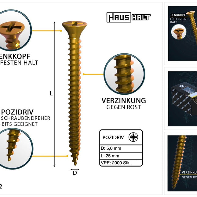 HausHalt Universal Holzbauschraube Holzschraube 5,0 x 25 mm PZ2 2000 Stk. ( 4x 000051371188 ) gelb verzinkt Kreuzschlitz Pozidriv Senkkopf Vollgewinde - Toolbrothers