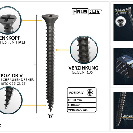 HausHalt Universal Holzbauschraube Holzschraube 5,0 x 30 mm PZ2 2000 Stk. ( 4x 000051371189 ) silber verzinkt Kreuzschlitz Pozidriv Senkkopf Vollgewinde - Toolbrothers