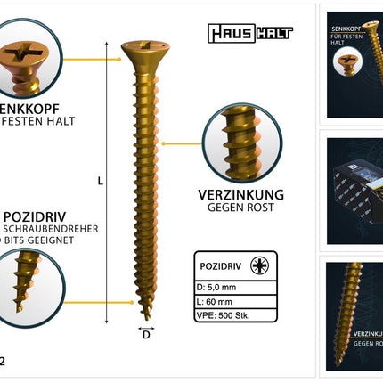 HausHalt Vis à bois universelle 5,0x60mm - PZ2 - Zinguée jaune - Cruciforme Pozidriv - Tête fraisée - Filetage total - 500 pcs. (2x 000051371202)