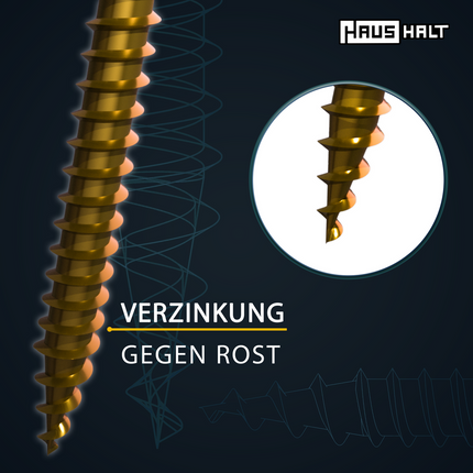 HausHalt Vis à bois universelle 5,0x60mm - PZ2 - Zinguée jaune - Cruciforme Pozidriv - Tête fraisée - Filetage total - 1000 pcs. (4x 000051371202)