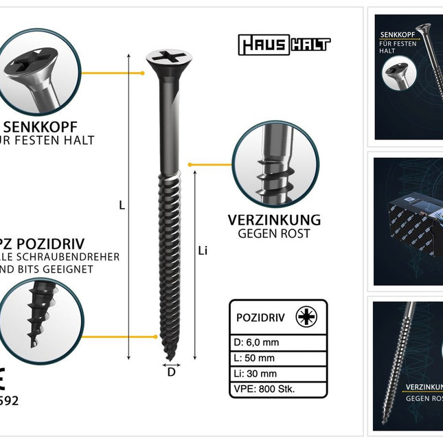 HausHalt Universal Holzbauschraube Holzschraube 6,0 x 50 mm PZ3 800 Stk. ( 4x 000051371227 ) silber verzinkt Kreuzschlitz Pozidriv Senkkopf Teilgewinde - Toolbrothers