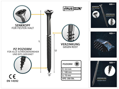 HausHalt Universal Holzbauschraube Holzschraube 5,0 x 120 mm PZ2 200 Stk. ( 2x 000051371185 ) silber verzinkt Kreuzschlitz Pozidriv Senkkopf Teilgewinde - Toolbrothers