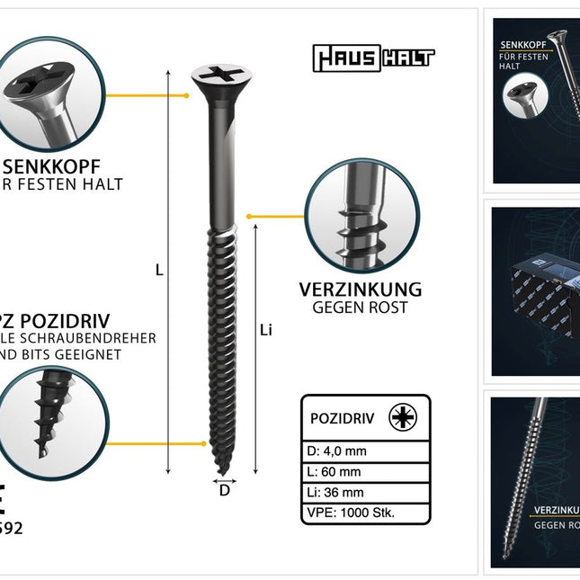 HausHalt Universal Holzbauschraube Holzschraube 4,0 x 60 mm PZ2 1000 Stk. ( 4x 000051371154 ) silber verzinkt Kreuzschlitz Pozidriv Senkkopf Teilgewinde