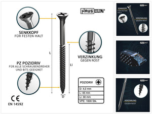 HausHalt Universal Holzbauschraube Holzschraube 4,0 x 45 mm PZ2 1600 Stk. ( 4x 000051371117 ) silber verzinkt Kreuzschlitz Pozidriv Senkkopf Teilgewinde